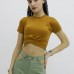 Önü Büzgülü Bisiklet Yaka Tshirt Taba - P-019963