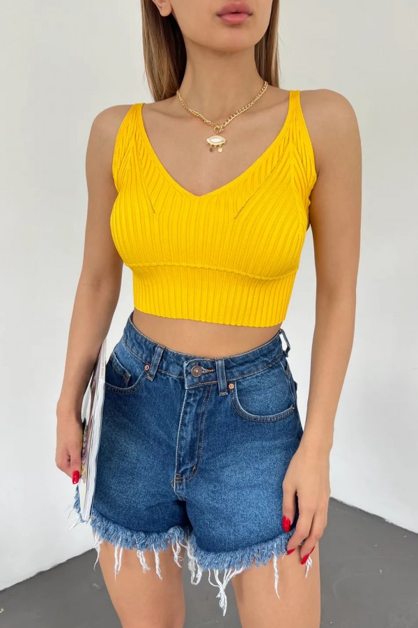 V Yaka Askılı Crop Triko Büstiyer Sarı - DF2202