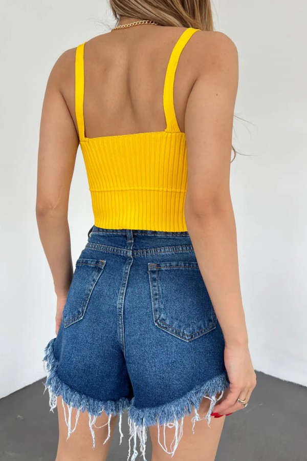 V Yaka Askılı Crop Triko Büstiyer Sarı - DF2202